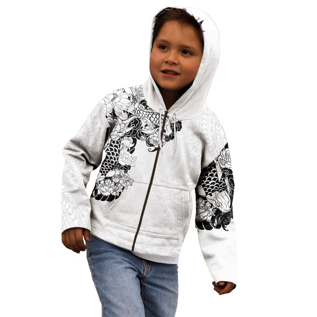 Hawaiian and Japanese Together Kid Hoodie Japanese Koi Fish Tattoo and Kakau Pattern White Color LT03 - Polynesian Pride