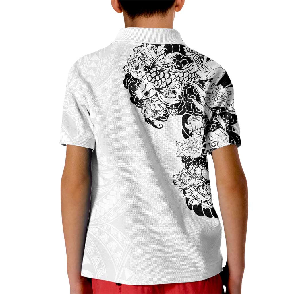 Hawaiian and Japanese Together Kid Polo Shirt Japanese Koi Fish Tattoo and Kakau Pattern White Color LT03 - Polynesian Pride