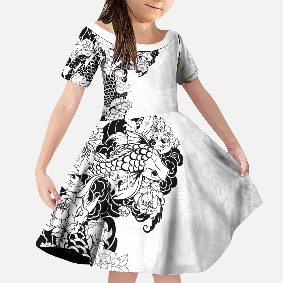 Hawaiian and Japanese Together Kid Short Sleeve Dress Japanese Koi Fish Tattoo and Kakau Pattern White Color LT03 KID White - Polynesian Pride