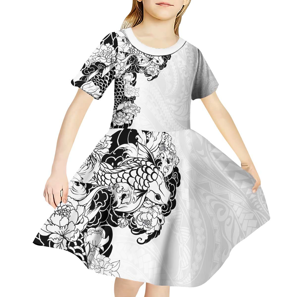 Hawaiian and Japanese Together Kid Short Sleeve Dress Japanese Koi Fish Tattoo and Kakau Pattern White Color LT03 - Polynesian Pride