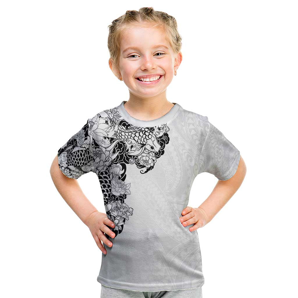 Hawaiian and Japanese Together Kid T Shirt Japanese Koi Fish Tattoo and Kakau Pattern White Color LT03 White - Polynesian Pride