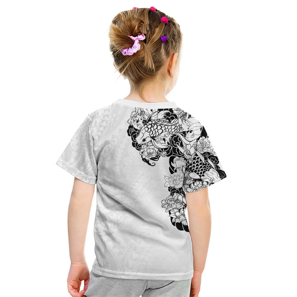 Hawaiian and Japanese Together Kid T Shirt Japanese Koi Fish Tattoo and Kakau Pattern White Color LT03 - Polynesian Pride