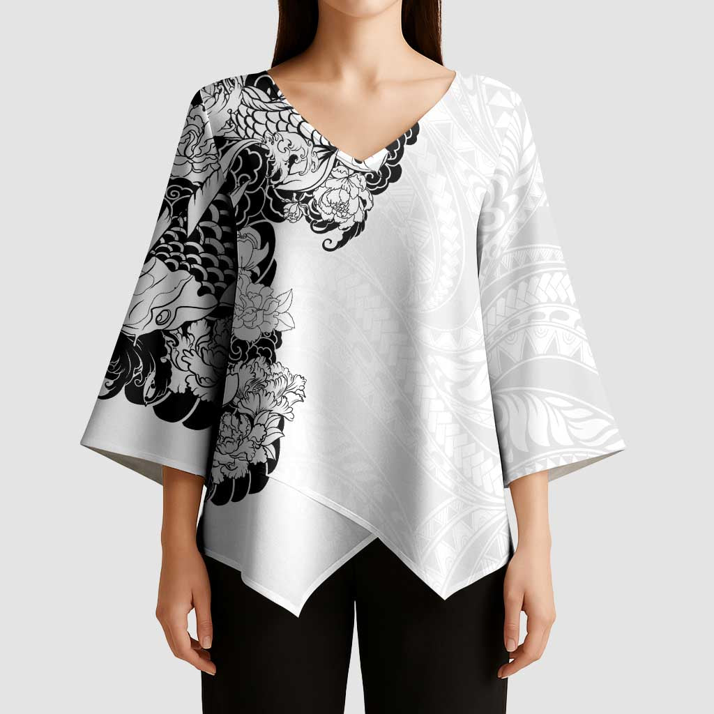 Hawaiian and Japanese Together Kimono Sleeve Blouse Japanese Koi Fish Tattoo and Kakau Pattern White Color LT03 - Polynesian Pride
