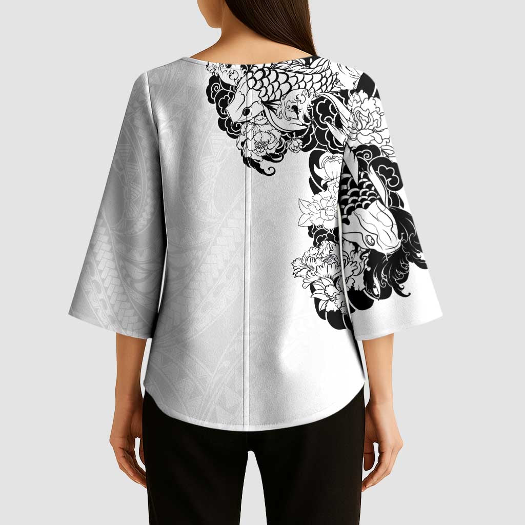 Hawaiian and Japanese Together Kimono Sleeve Blouse Japanese Koi Fish Tattoo and Kakau Pattern White Color LT03 - Polynesian Pride