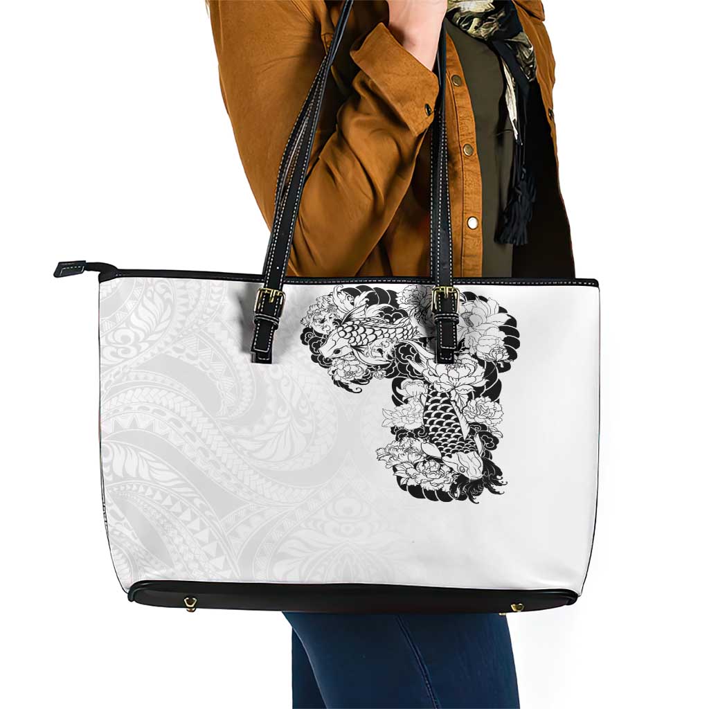 Hawaiian and Japanese Together Leather Tote Bag Japanese Koi Fish Tattoo and Kakau Pattern White Color LT03 - Polynesian Pride