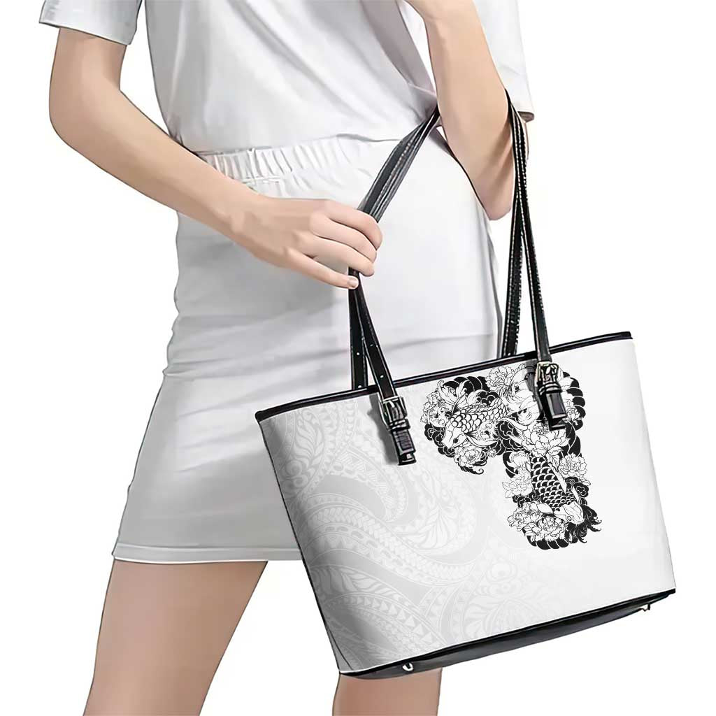 Hawaiian and Japanese Together Leather Tote Bag Japanese Koi Fish Tattoo and Kakau Pattern White Color LT03 - Polynesian Pride
