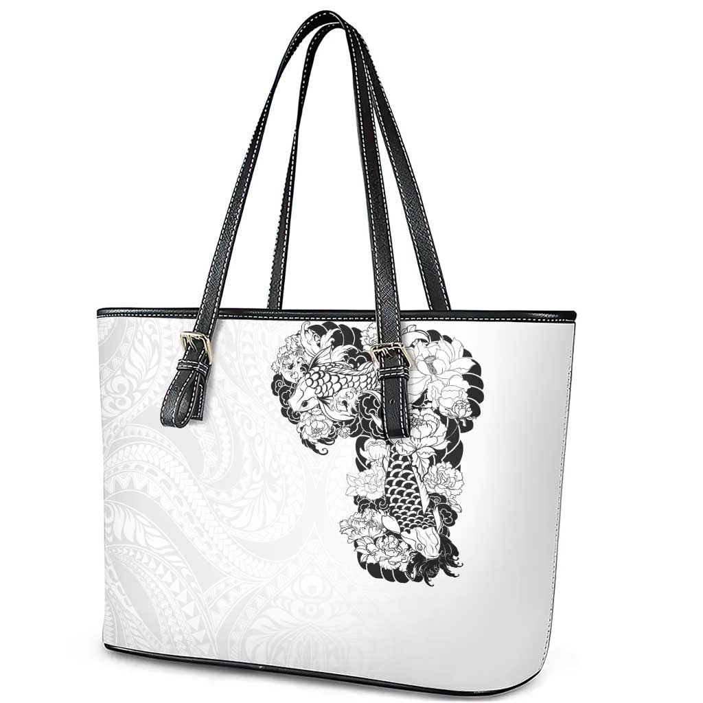 Hawaiian and Japanese Together Leather Tote Bag Japanese Koi Fish Tattoo and Kakau Pattern White Color LT03 - Polynesian Pride