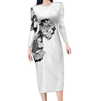 Hawaiian and Japanese Together Long Sleeve Bodycon Dress Japanese Koi Fish Tattoo and Kakau Pattern White Color LT03 Long Dress White - Polynesian Pride