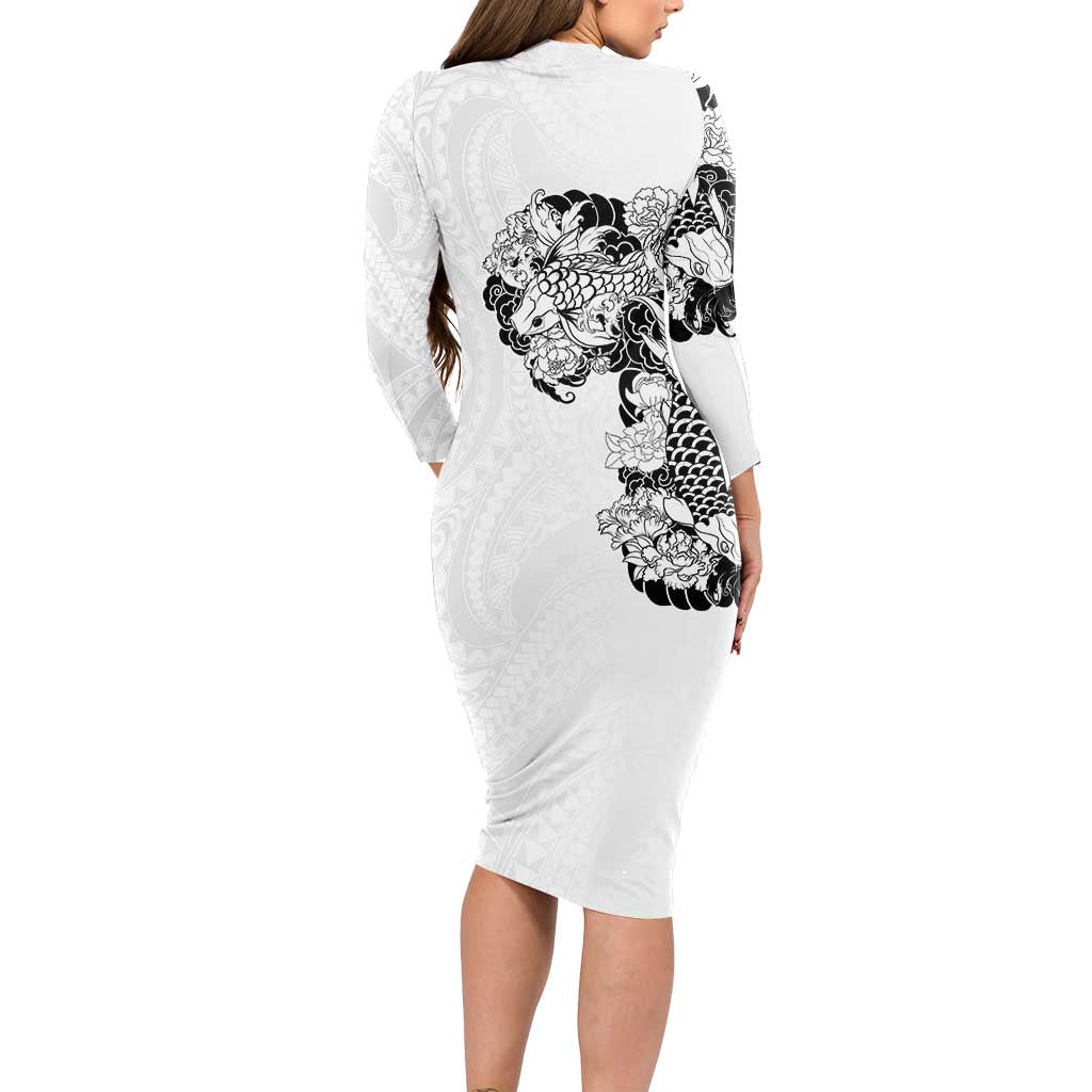 Hawaiian and Japanese Together Long Sleeve Bodycon Dress Japanese Koi Fish Tattoo and Kakau Pattern White Color LT03 - Polynesian Pride