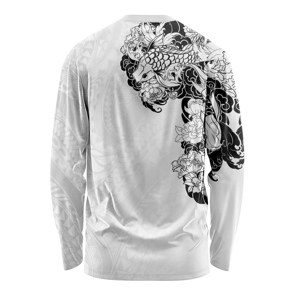 Hawaiian and Japanese Together Long Sleeve Shirt Japanese Koi Fish Tattoo and Kakau Pattern White Color LT03 - Polynesian Pride