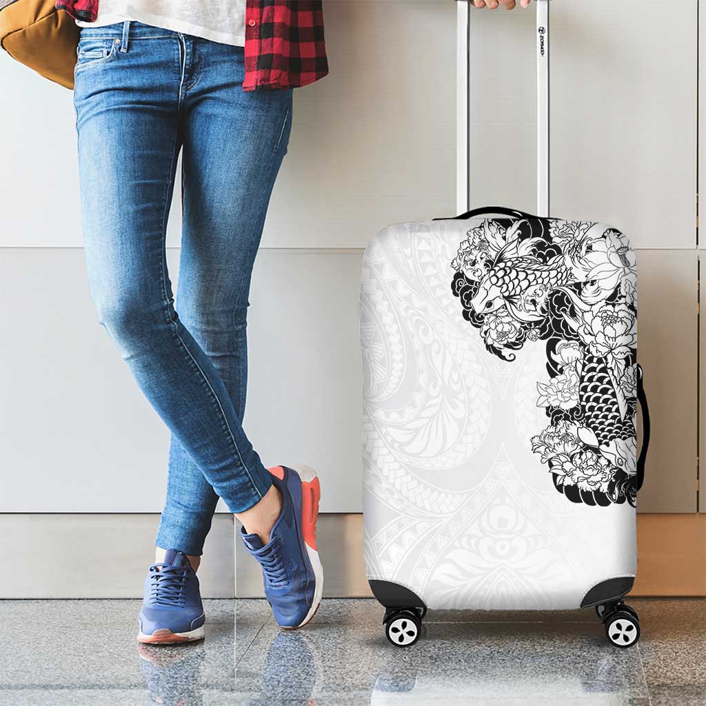 Hawaiian and Japanese Together Luggage Cover Japanese Koi Fish Tattoo and Kakau Pattern White Color LT03 - Polynesian Pride