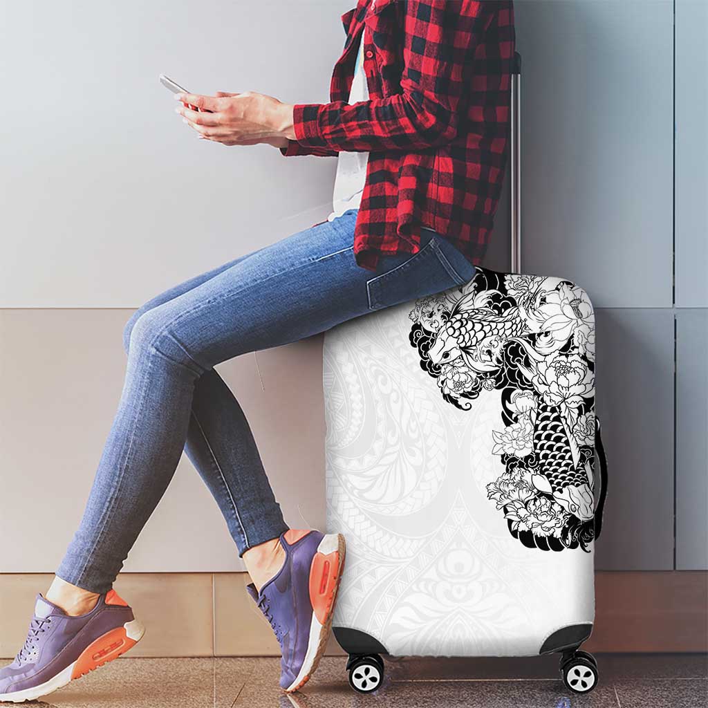 Hawaiian and Japanese Together Luggage Cover Japanese Koi Fish Tattoo and Kakau Pattern White Color LT03 - Polynesian Pride