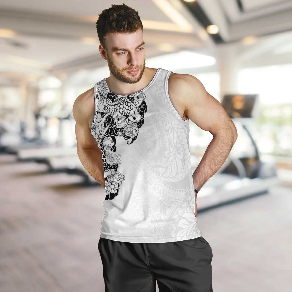 Hawaiian and Japanese Together Men Tank Top Japanese Koi Fish Tattoo and Kakau Pattern White Color LT03 White - Polynesian Pride