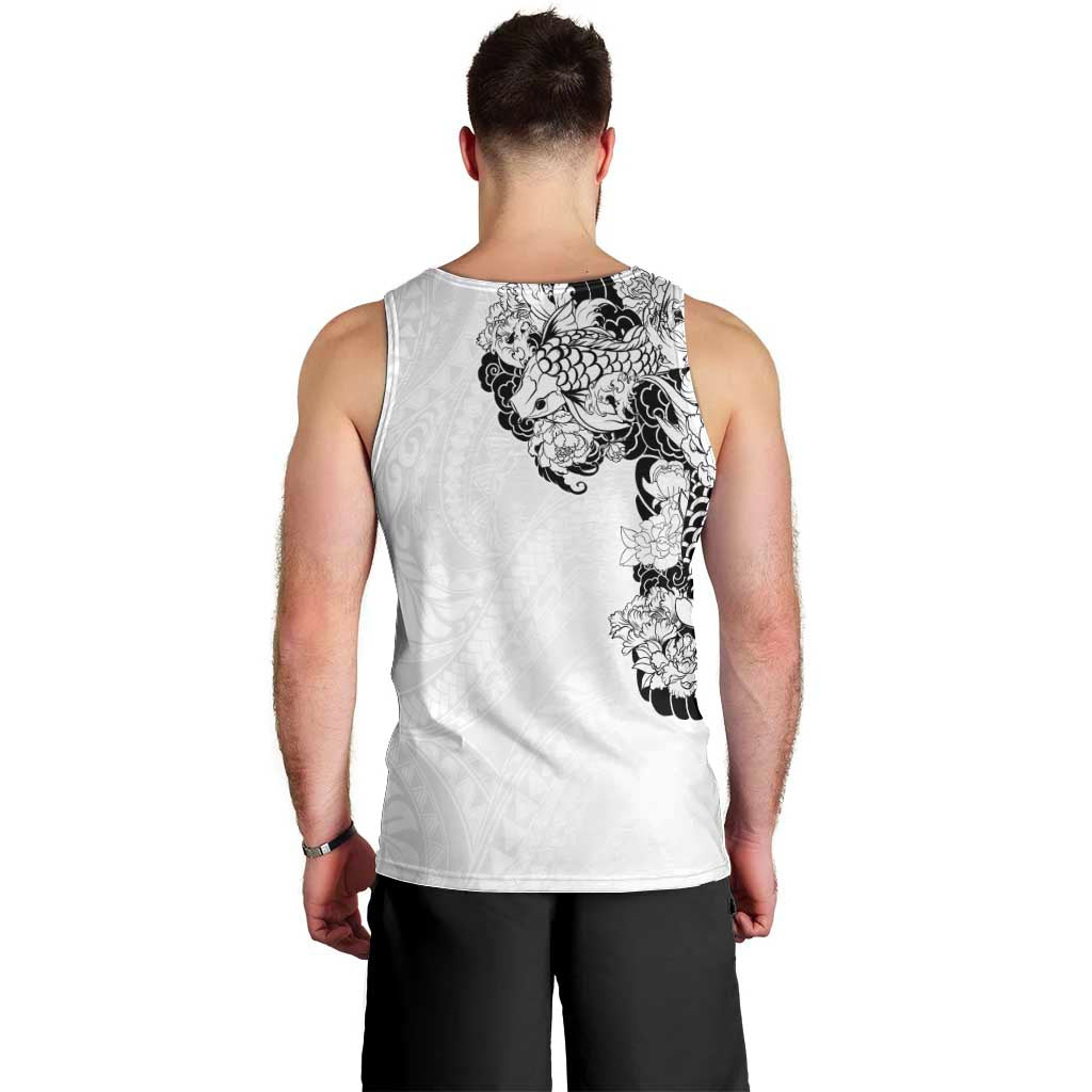 Hawaiian and Japanese Together Men Tank Top Japanese Koi Fish Tattoo and Kakau Pattern White Color LT03 - Polynesian Pride