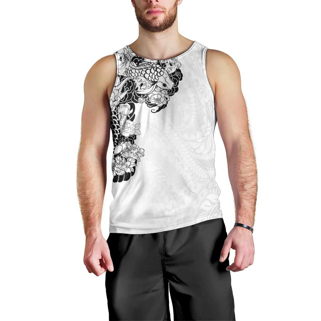 Hawaiian and Japanese Together Men Tank Top Japanese Koi Fish Tattoo and Kakau Pattern White Color LT03 - Polynesian Pride