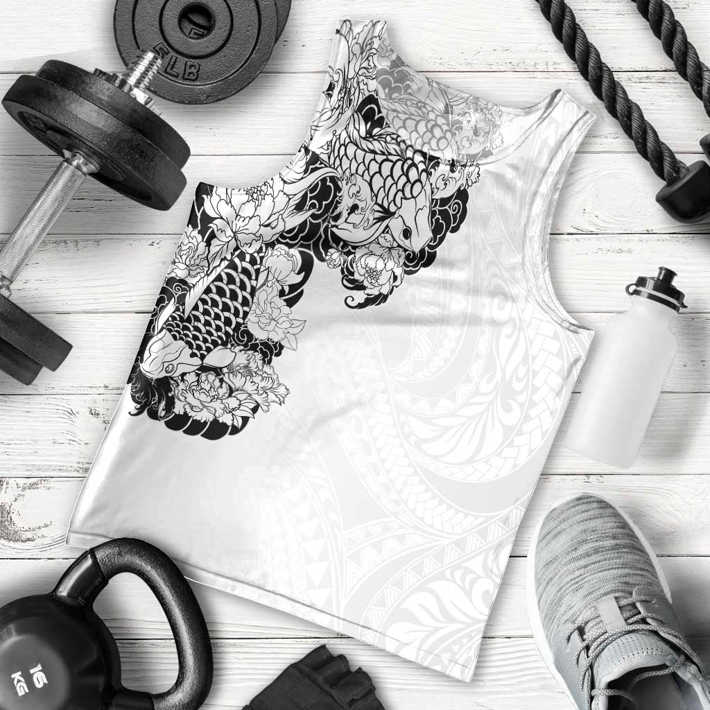 Hawaiian and Japanese Together Men Tank Top Japanese Koi Fish Tattoo and Kakau Pattern White Color LT03 - Polynesian Pride
