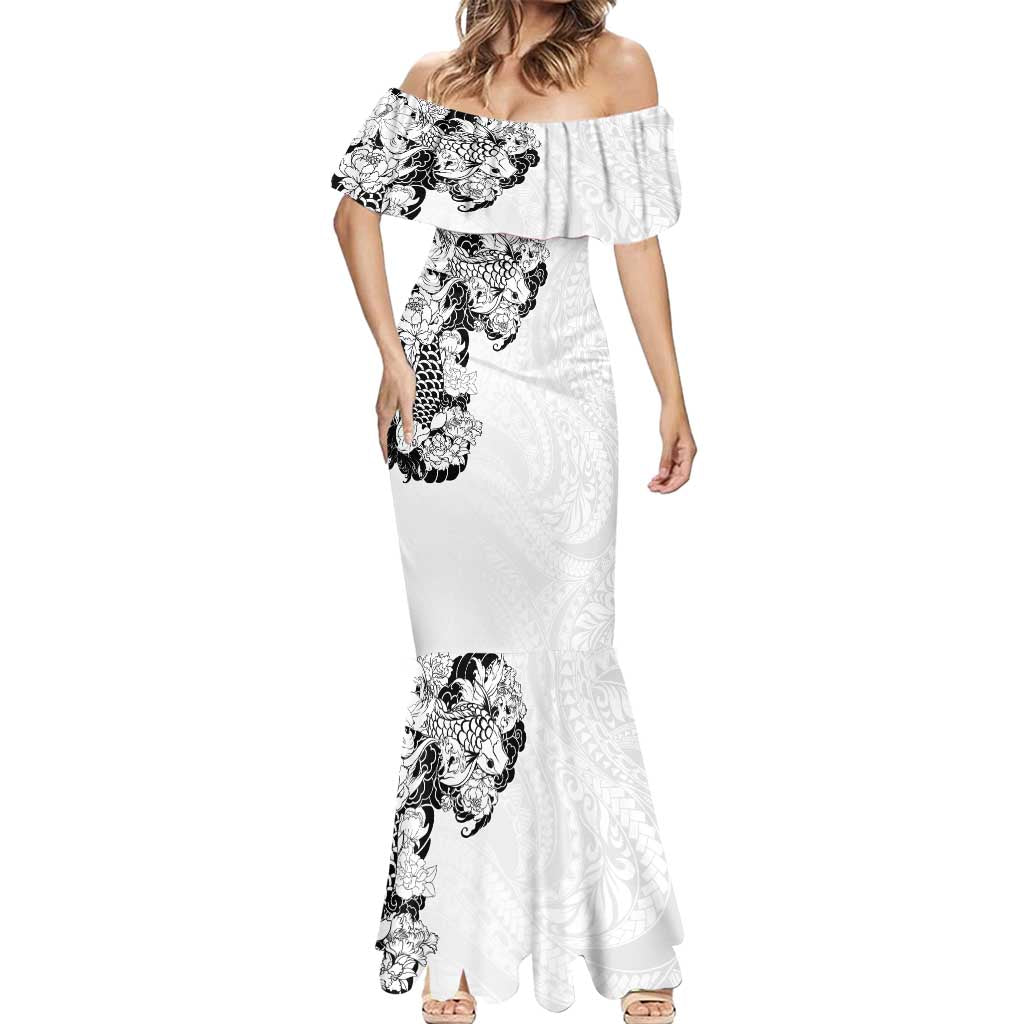 Hawaiian and Japanese Together Mermaid Dress Japanese Koi Fish Tattoo and Kakau Pattern White Color LT03 - Polynesian Pride