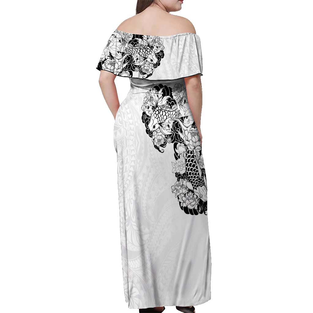 Hawaiian and Japanese Together Off Shoulder Maxi Dress Japanese Koi Fish Tattoo and Kakau Pattern White Color LT03 - Polynesian Pride