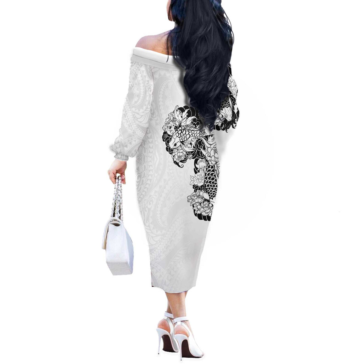Hawaiian and Japanese Together Off The Shoulder Long Sleeve Dress Japanese Koi Fish Tattoo and Kakau Pattern White Color LT03 - Polynesian Pride