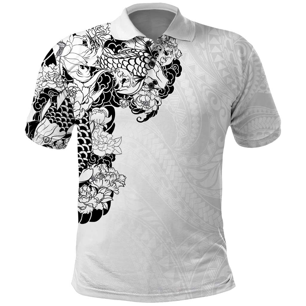 Hawaiian and Japanese Together Polo Shirt Japanese Koi Fish Tattoo and Kakau Pattern White Color LT03 White - Polynesian Pride
