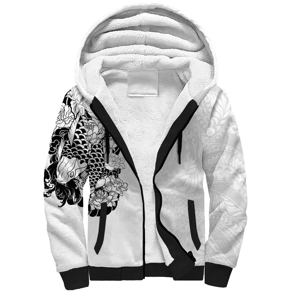 Hawaiian and Japanese Together Sherpa Hoodie Japanese Koi Fish Tattoo and Kakau Pattern White Color LT03 Unisex White - Polynesian Pride