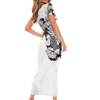 Hawaiian and Japanese Together Short Sleeve Bodycon Dress Japanese Koi Fish Tattoo and Kakau Pattern White Color LT03 - Polynesian Pride