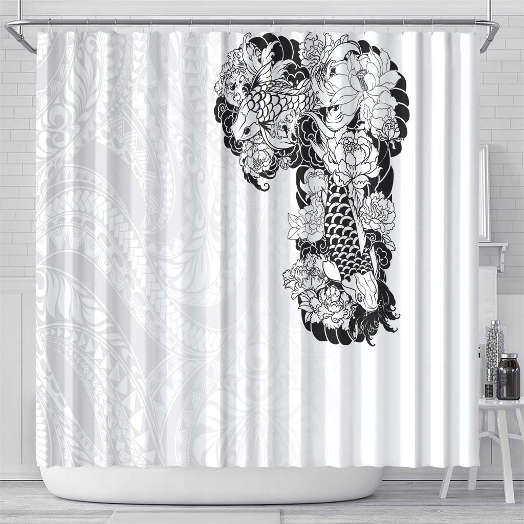 Hawaiian and Japanese Together Shower Curtain Japanese Koi Fish Tattoo and Kakau Pattern White Color LT03 - Polynesian Pride
