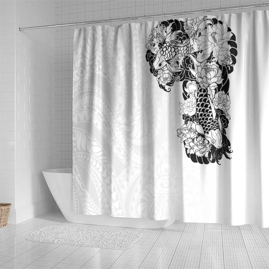Hawaiian and Japanese Together Shower Curtain Japanese Koi Fish Tattoo and Kakau Pattern White Color LT03 - Polynesian Pride