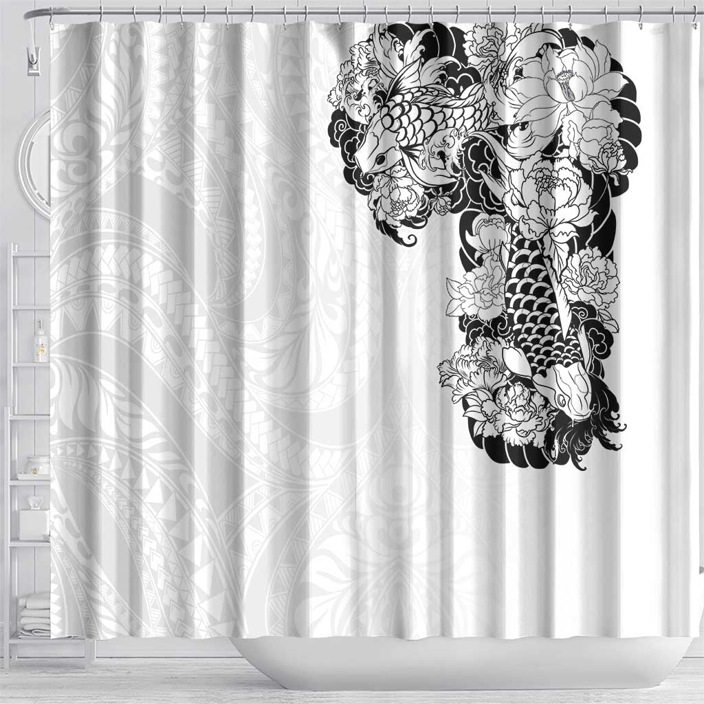 Hawaiian and Japanese Together Shower Curtain Japanese Koi Fish Tattoo and Kakau Pattern White Color LT03 - Polynesian Pride