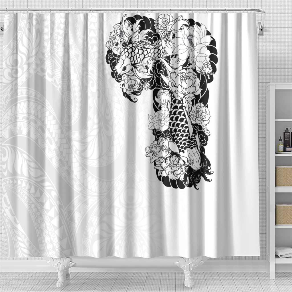 Hawaiian and Japanese Together Shower Curtain Japanese Koi Fish Tattoo and Kakau Pattern White Color LT03 - Polynesian Pride