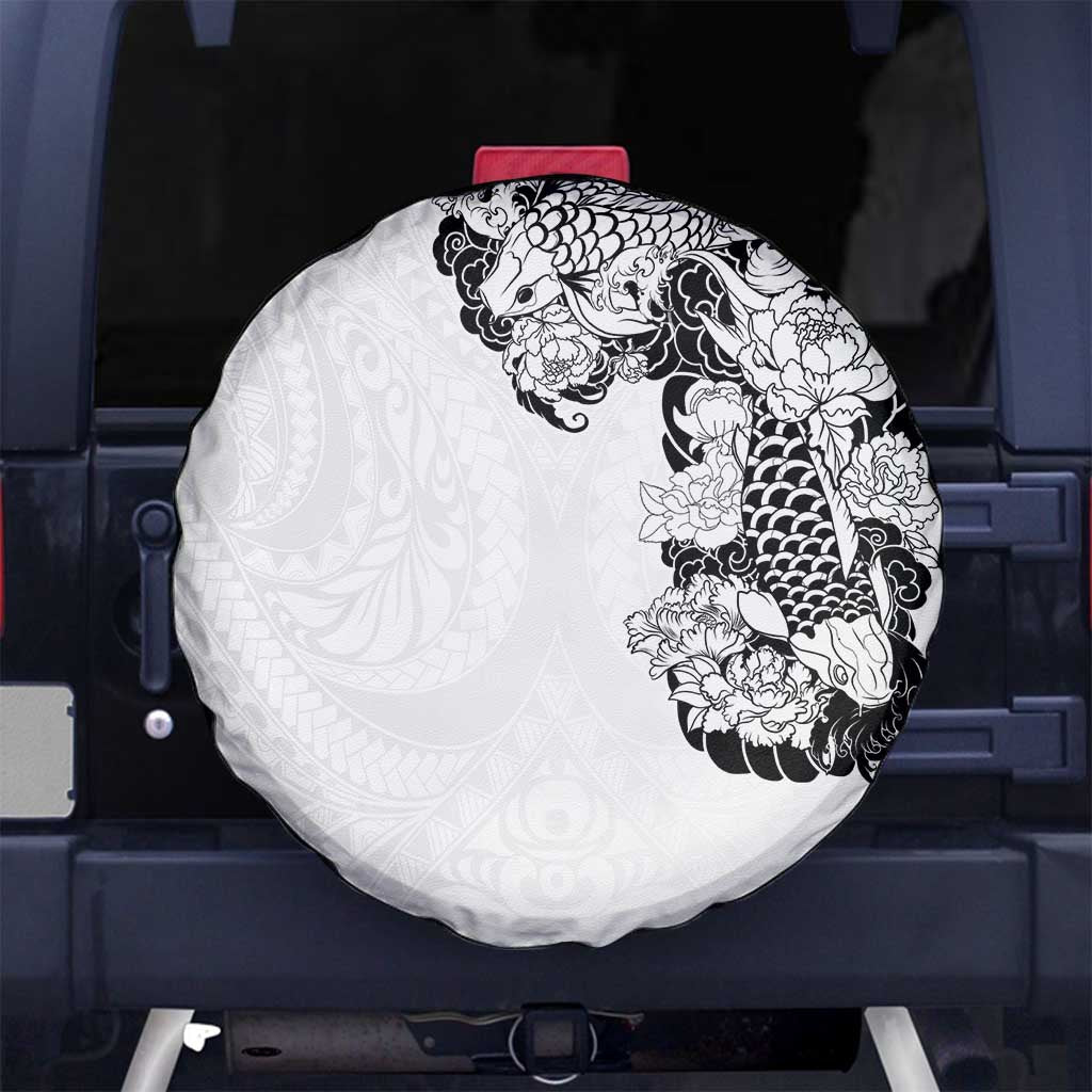 Hawaiian and Japanese Together Spare Tire Cover Japanese Koi Fish Tattoo and Kakau Pattern White Color LT03 - Polynesian Pride