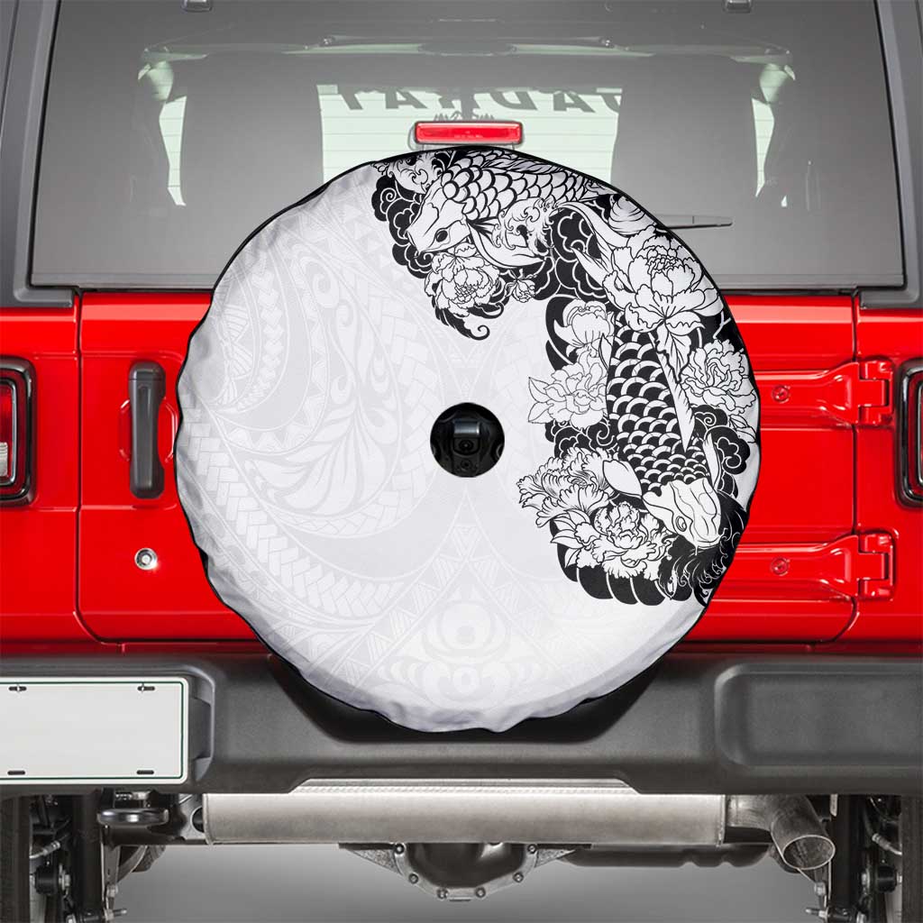 Hawaiian and Japanese Together Spare Tire Cover Japanese Koi Fish Tattoo and Kakau Pattern White Color LT03 - Polynesian Pride