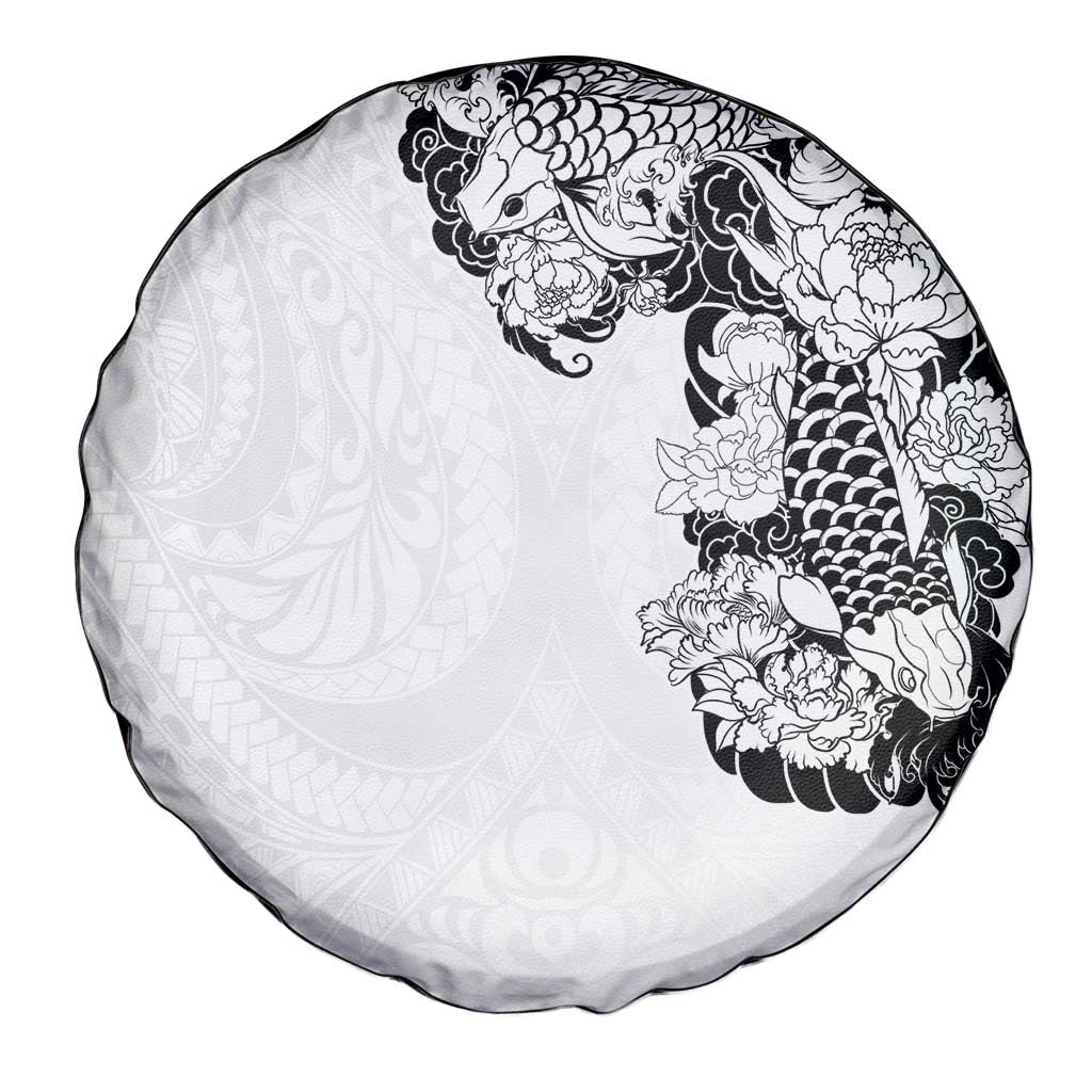 Hawaiian and Japanese Together Spare Tire Cover Japanese Koi Fish Tattoo and Kakau Pattern White Color LT03 - Polynesian Pride