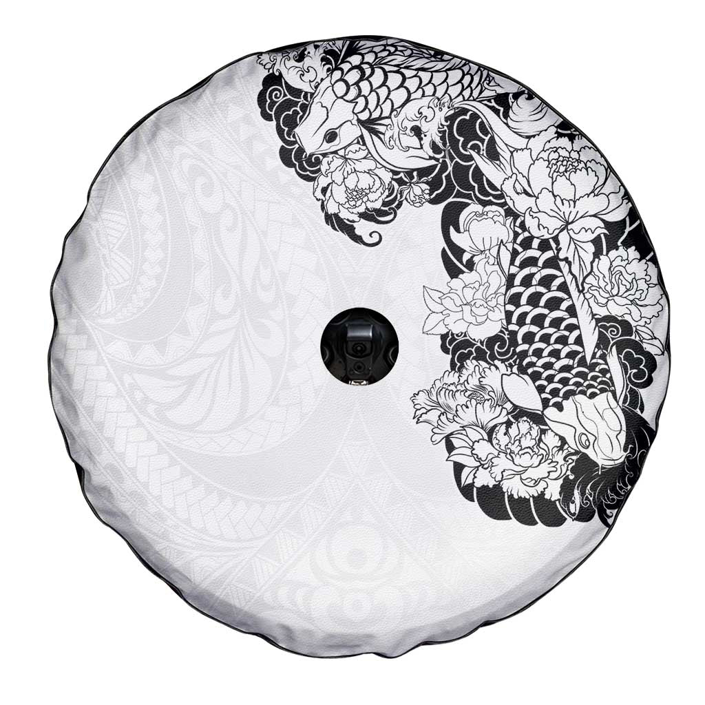 Hawaiian and Japanese Together Spare Tire Cover Japanese Koi Fish Tattoo and Kakau Pattern White Color LT03 - Polynesian Pride