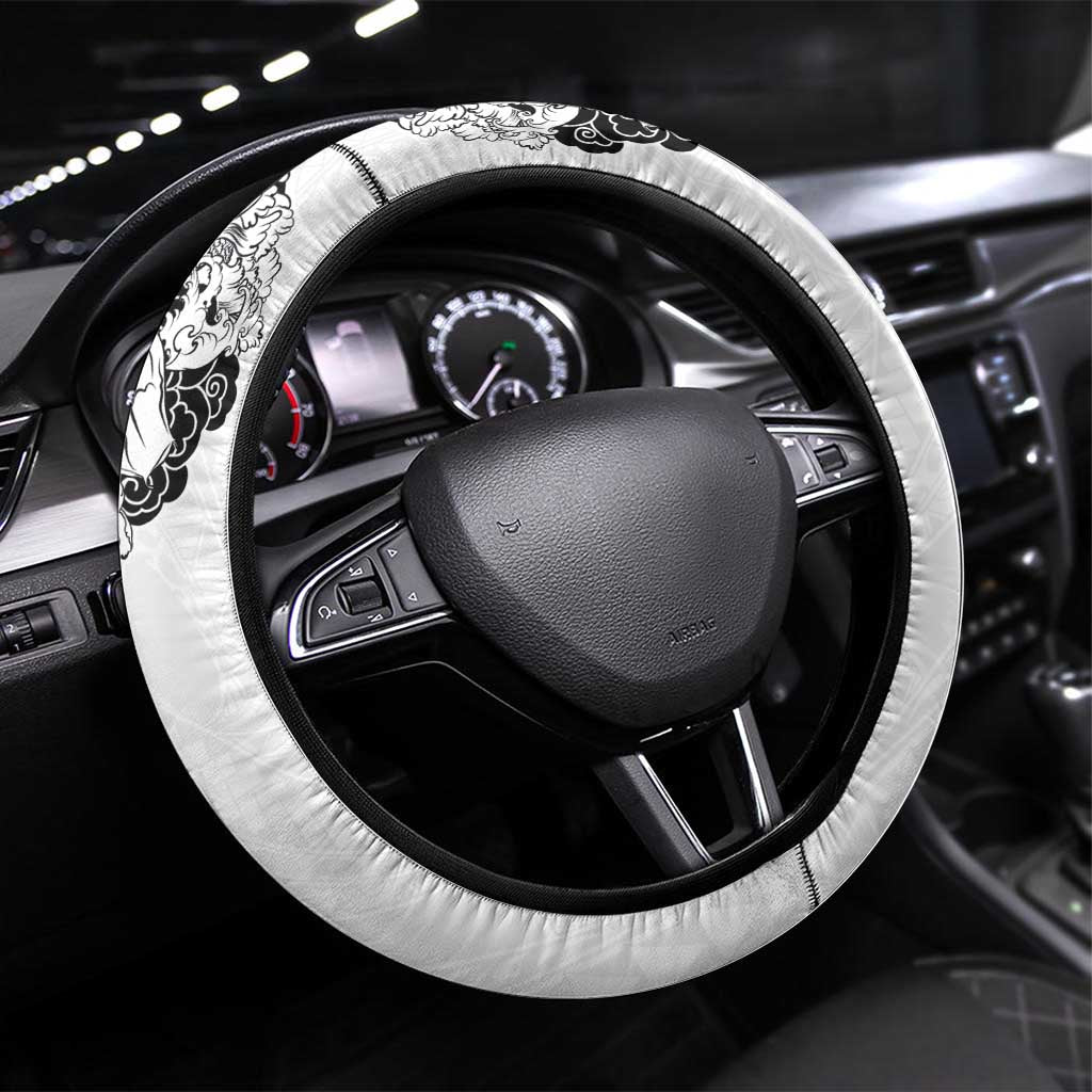 Hawaiian and Japanese Together Steering Wheel Cover Japanese Koi Fish Tattoo and Kakau Pattern White Color LT03 Universal Fit White - Polynesian Pride