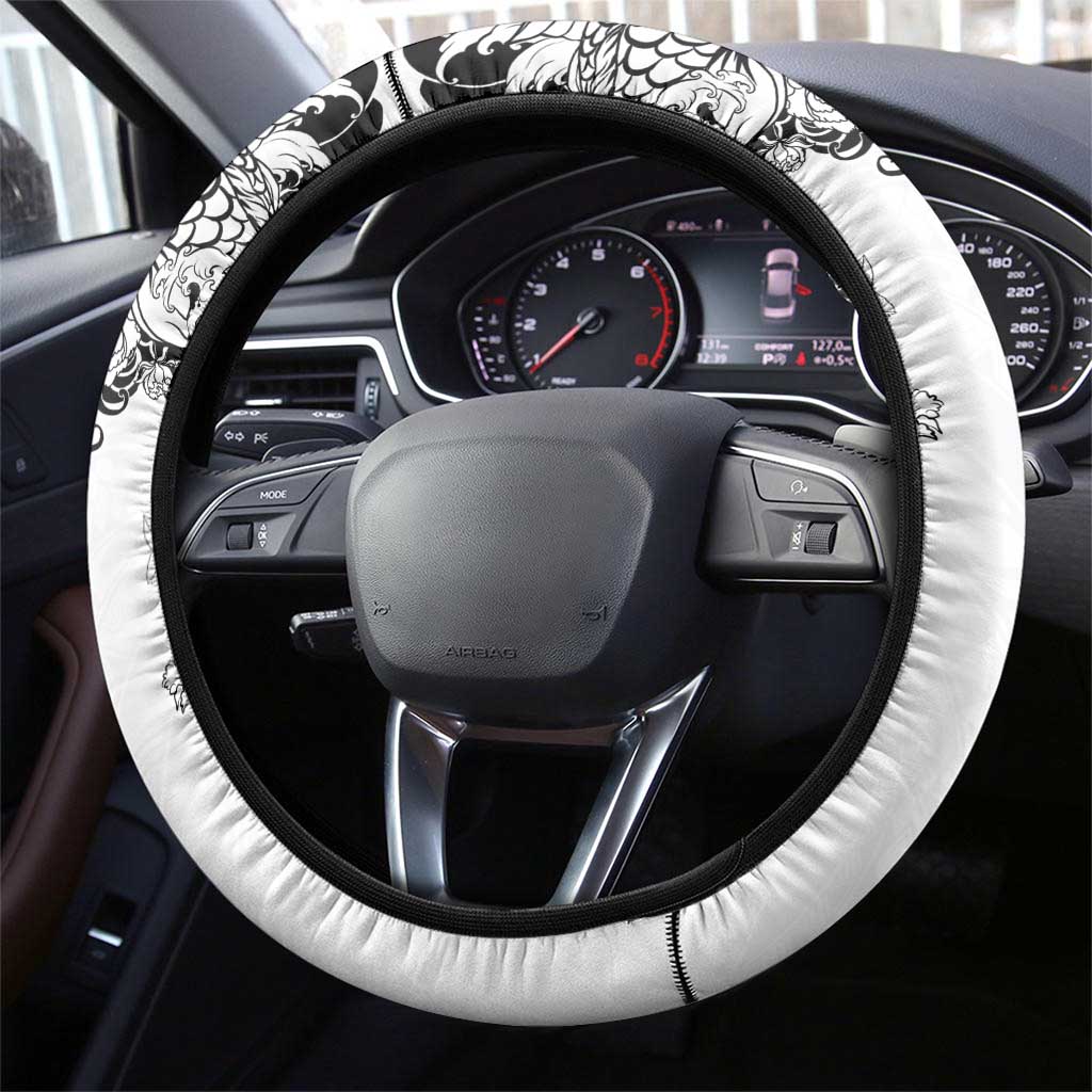 Hawaiian and Japanese Together Steering Wheel Cover Japanese Koi Fish Tattoo and Kakau Pattern White Color LT03 - Polynesian Pride