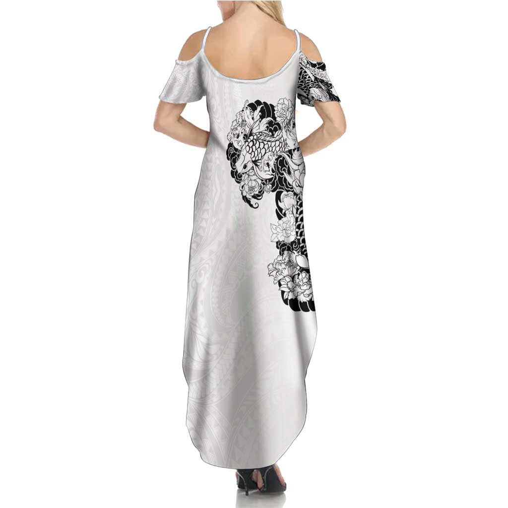 Hawaiian and Japanese Together Summer Maxi Dress Japanese Koi Fish Tattoo and Kakau Pattern White Color LT03 - Polynesian Pride