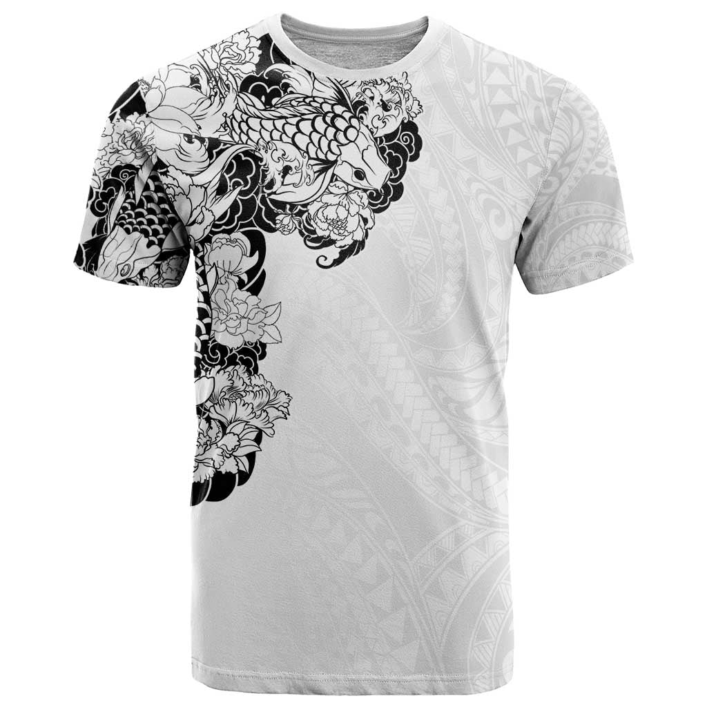 Hawaiian and Japanese Together T Shirt Japanese Koi Fish Tattoo and Kakau Pattern White Color LT03 White - Polynesian Pride