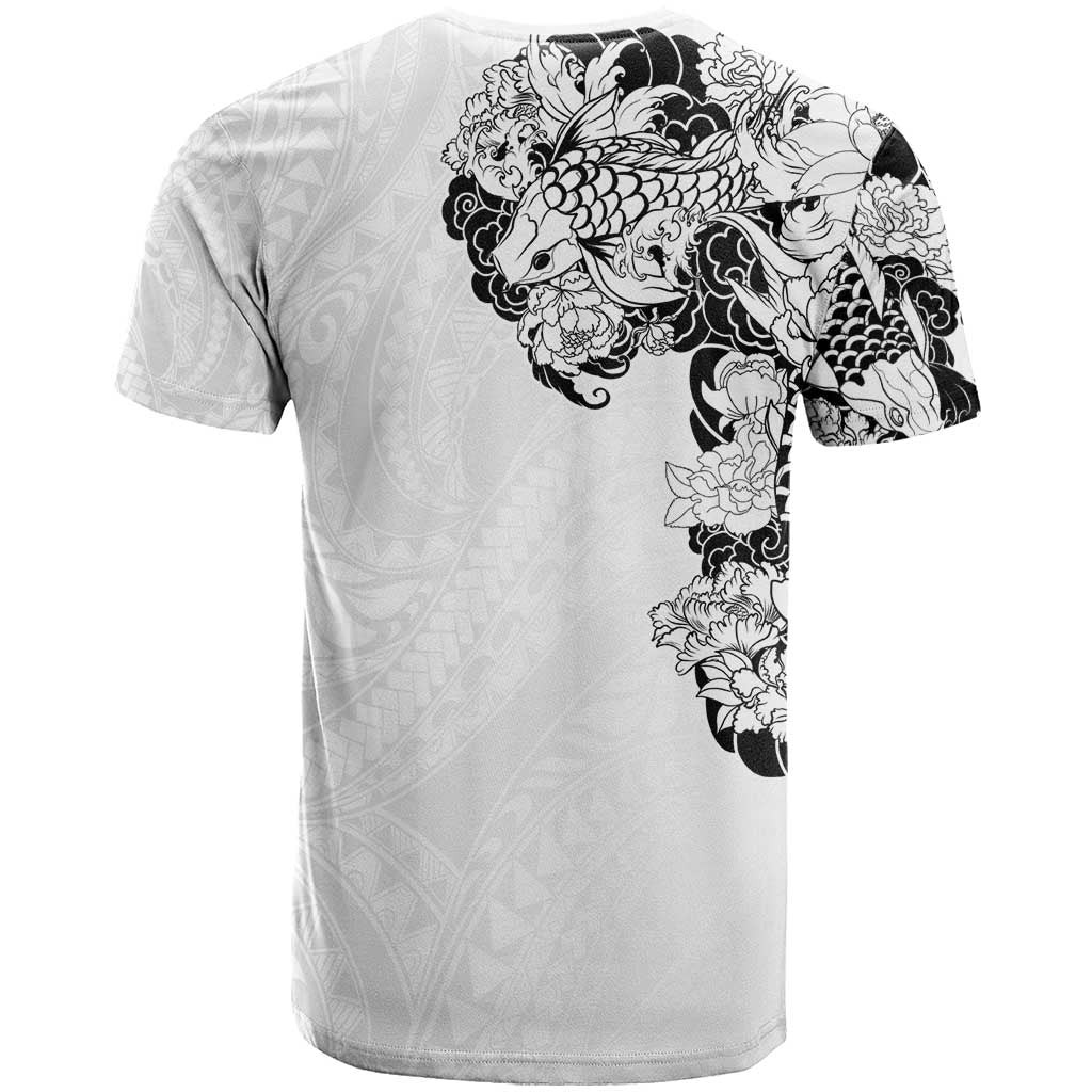 Hawaiian and Japanese Together T Shirt Japanese Koi Fish Tattoo and Kakau Pattern White Color LT03 - Polynesian Pride