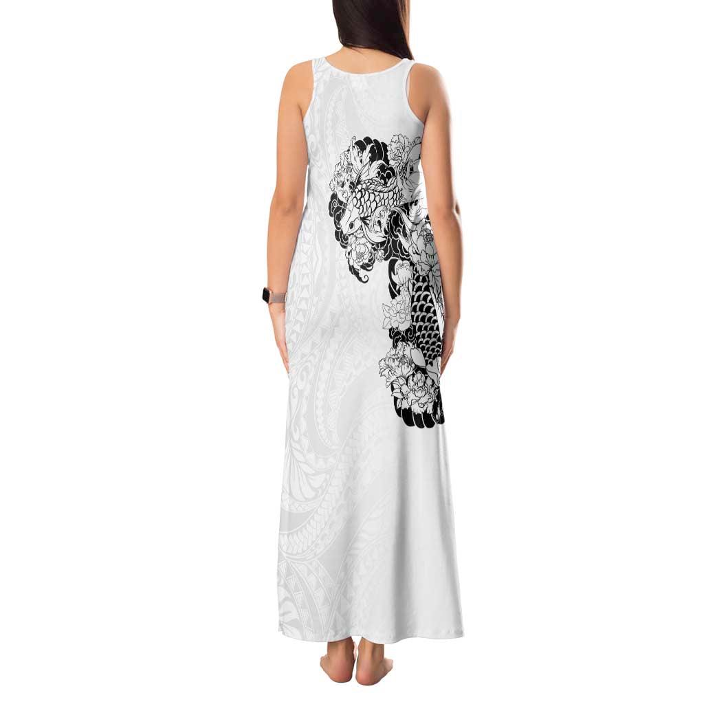Hawaiian and Japanese Together Tank Maxi Dress Japanese Koi Fish Tattoo and Kakau Pattern White Color LT03 - Polynesian Pride