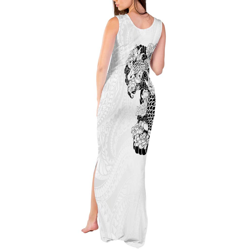 Hawaiian and Japanese Together Tank Maxi Dress Japanese Koi Fish Tattoo and Kakau Pattern White Color LT03 - Polynesian Pride