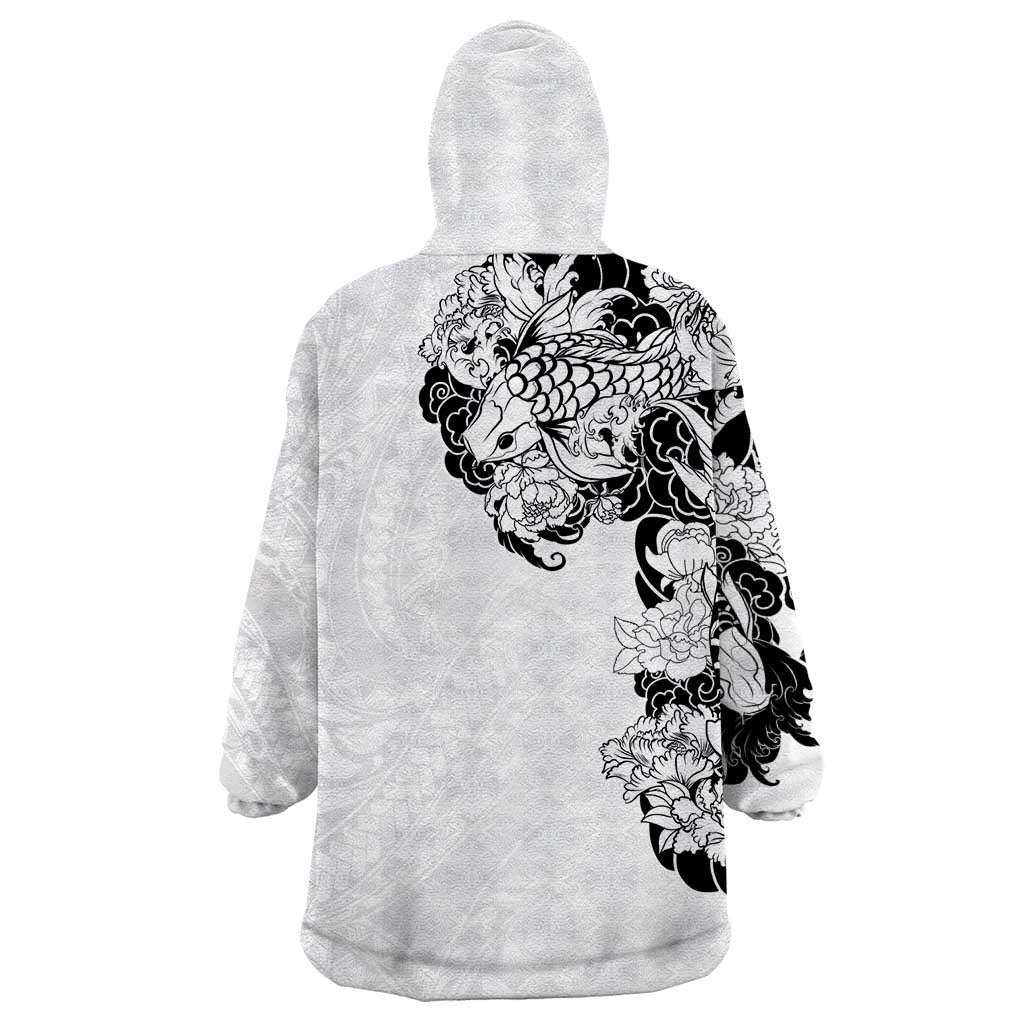 Hawaiian and Japanese Together Wearable Blanket Hoodie Japanese Koi Fish Tattoo and Kakau Pattern White Color LT03 - Polynesian Pride