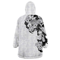 Hawaiian and Japanese Together Wearable Blanket Hoodie Japanese Koi Fish Tattoo and Kakau Pattern White Color LT03 - Polynesian Pride