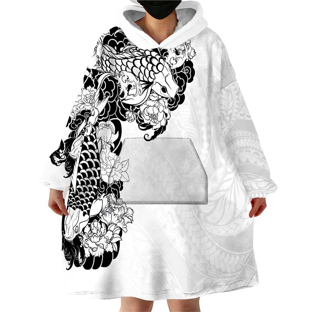 Hawaiian and Japanese Together Wearable Blanket Hoodie Japanese Koi Fish Tattoo and Kakau Pattern White Color LT03 - Polynesian Pride