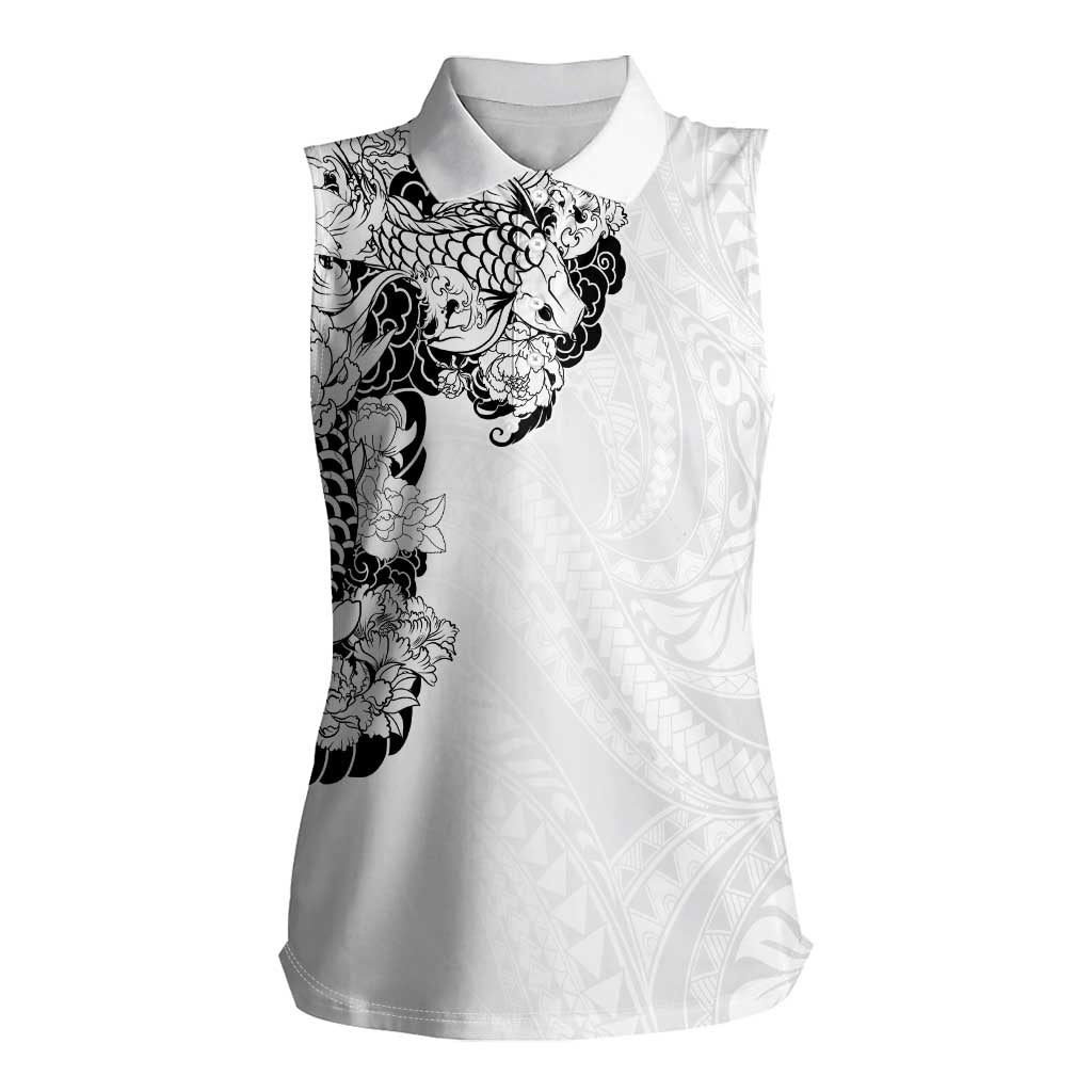 Hawaiian and Japanese Together Women Sleeveless Polo Shirt Japanese Koi Fish Tattoo and Kakau Pattern White Color LT03 Female White - Polynesian Pride