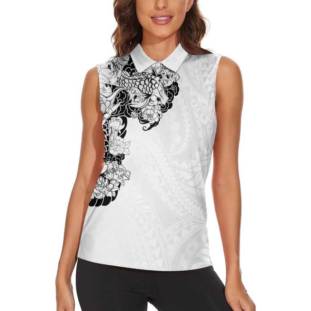Hawaiian and Japanese Together Women Sleeveless Polo Shirt Japanese Koi Fish Tattoo and Kakau Pattern White Color LT03 - Polynesian Pride