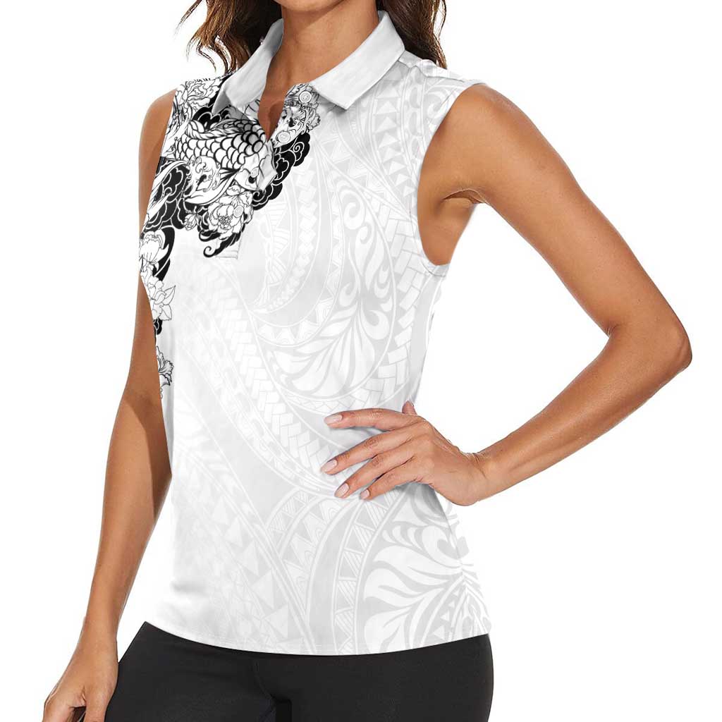 Hawaiian and Japanese Together Women Sleeveless Polo Shirt Japanese Koi Fish Tattoo and Kakau Pattern White Color LT03 - Polynesian Pride
