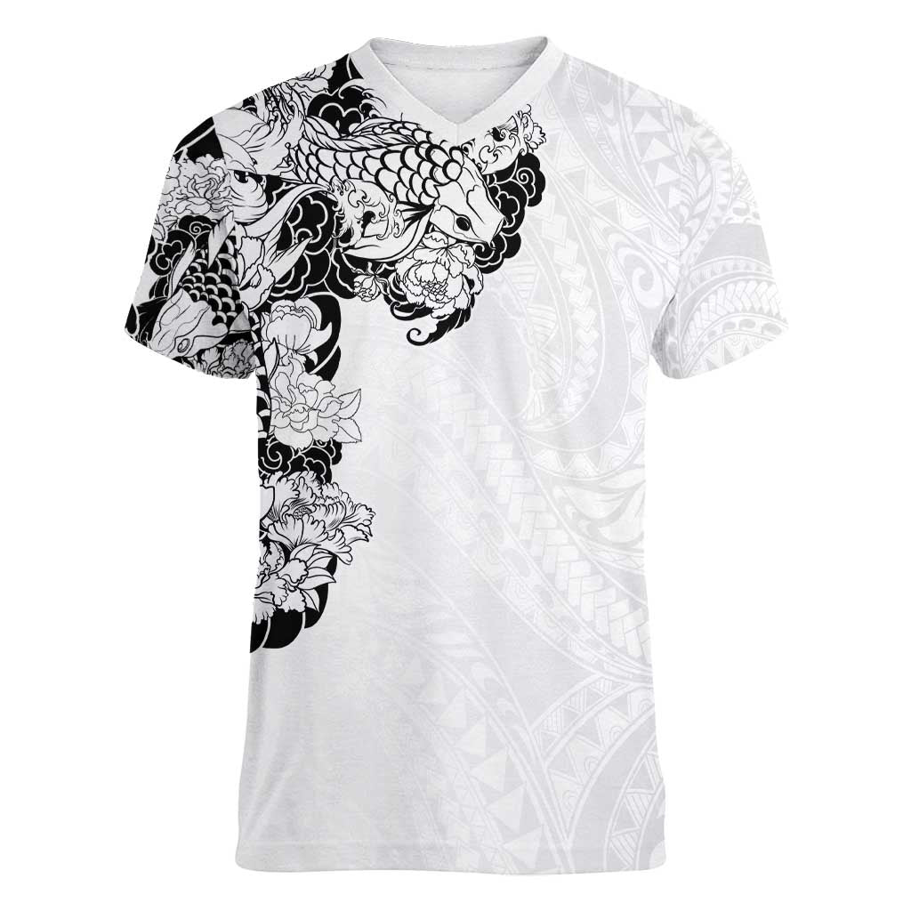 Hawaiian and Japanese Together Women V-Neck T-Shirt Japanese Koi Fish Tattoo and Kakau Pattern White Color LT03 Female White - Polynesian Pride