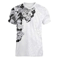 Hawaiian and Japanese Together Women V-Neck T-Shirt Japanese Koi Fish Tattoo and Kakau Pattern White Color LT03 Female White - Polynesian Pride
