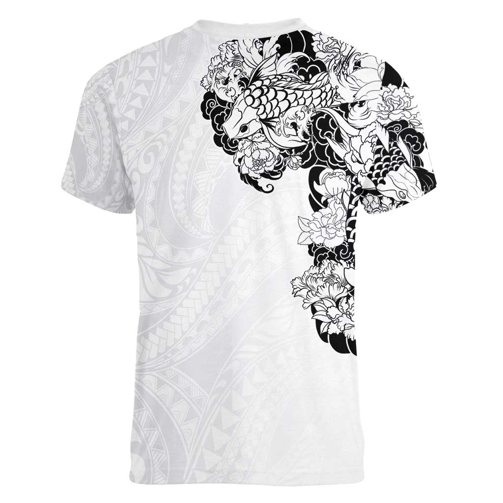Hawaiian and Japanese Together Women V-Neck T-Shirt Japanese Koi Fish Tattoo and Kakau Pattern White Color LT03 - Polynesian Pride